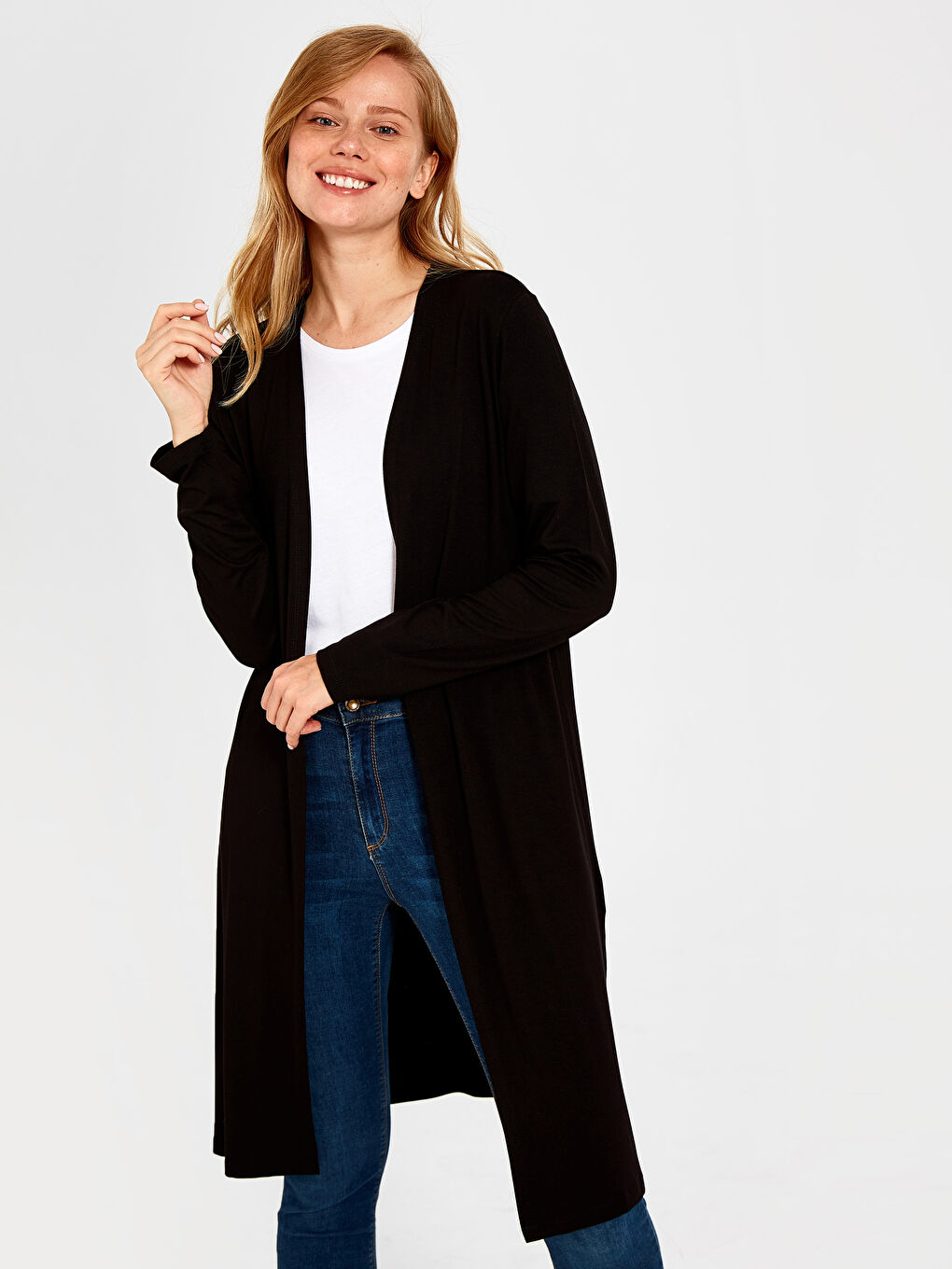 Siyah Düz Uzun Viskon Uzun Kollu Kadın Hırka