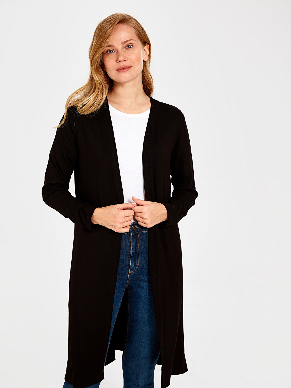 Siyah Düz Uzun Viskon Uzun Kollu Kadın Hırka-1