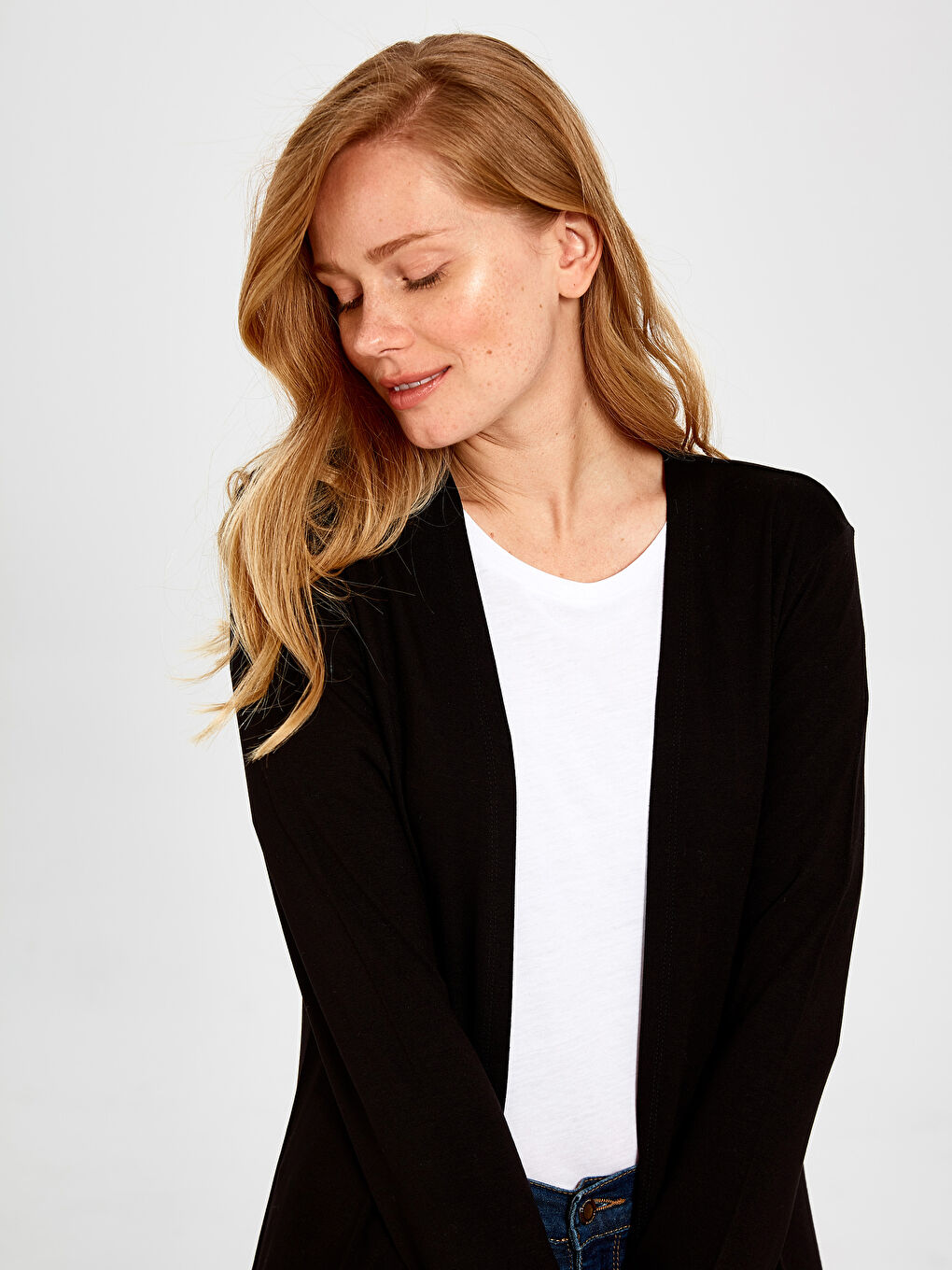 Siyah Düz Uzun Viskon Uzun Kollu Kadın Hırka-2