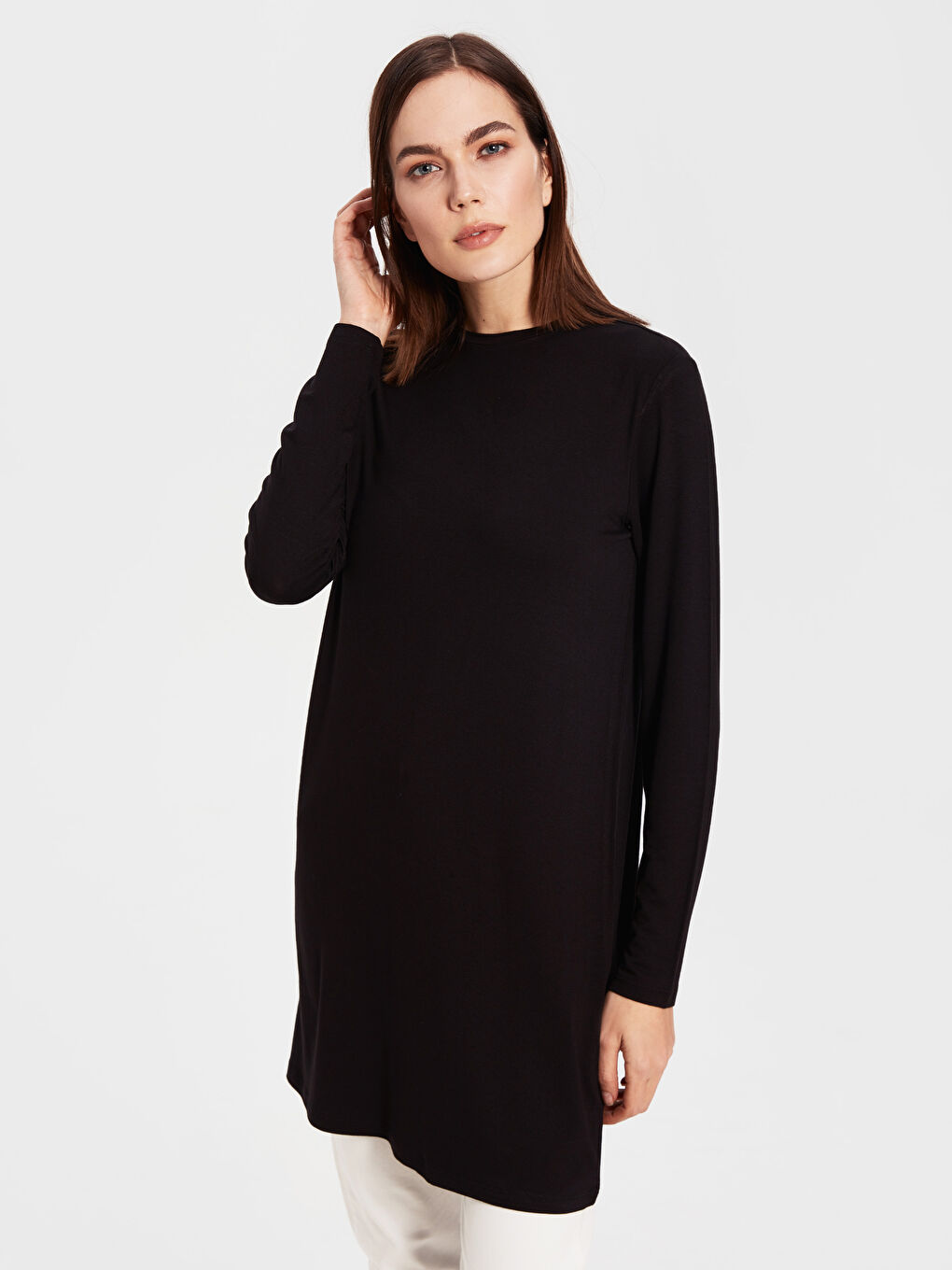 Siyah LCW BASİC Bisiklet Yaka Uzun Kollu Kadın Tişört