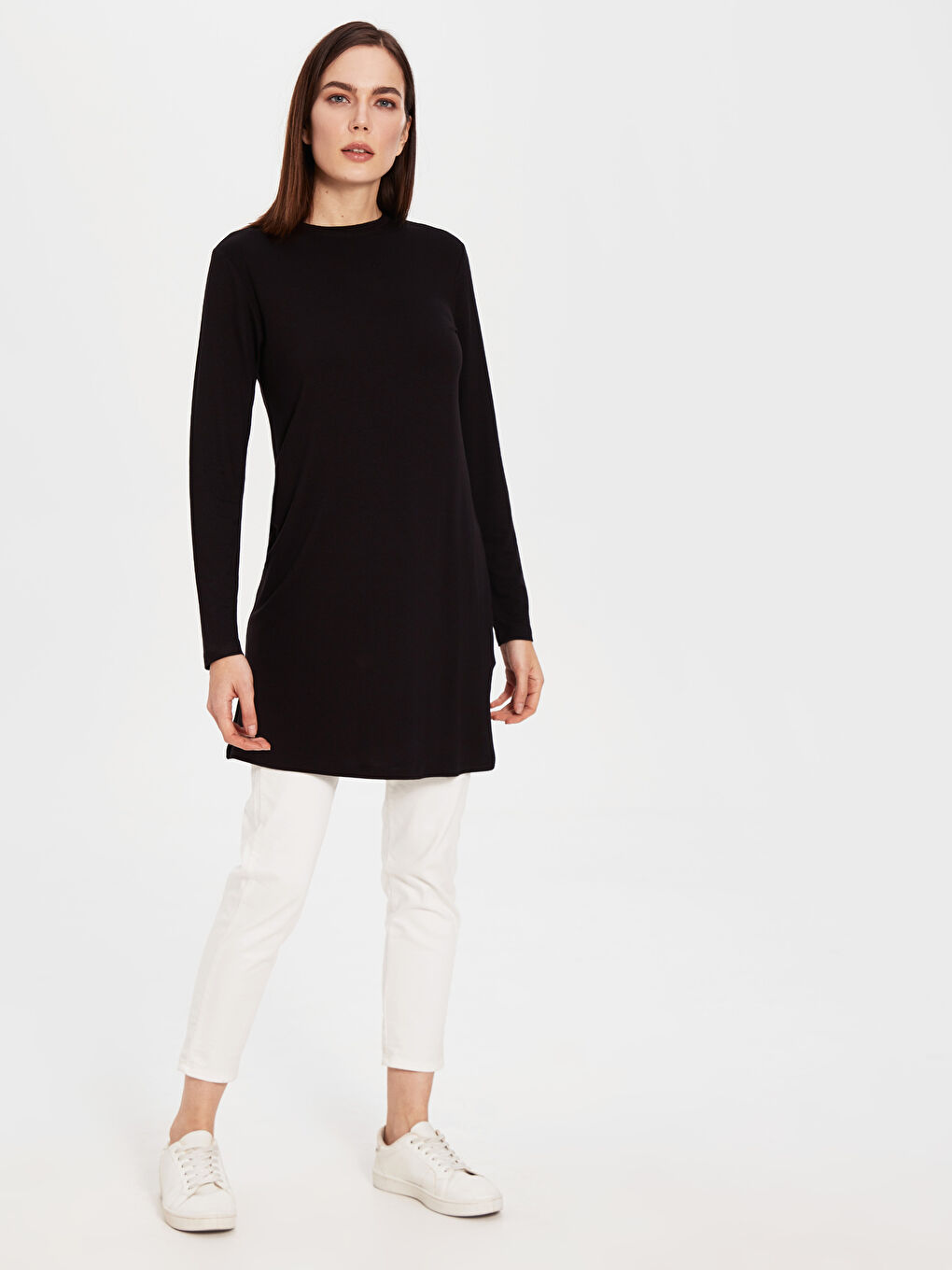 Siyah LCW BASİC Bisiklet Yaka Uzun Kollu Kadın Tişört-2