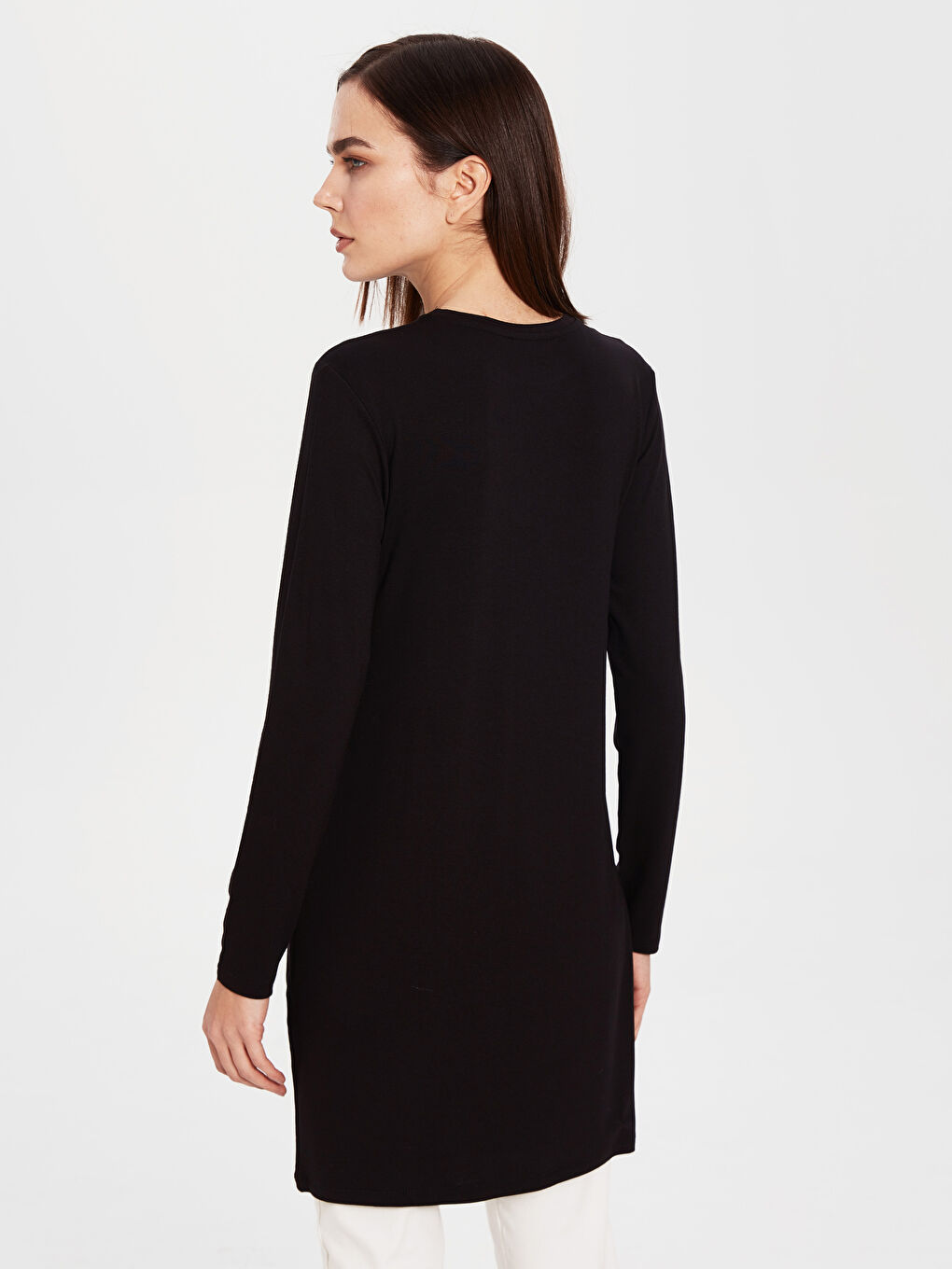 Siyah LCW BASİC Bisiklet Yaka Uzun Kollu Kadın Tişört-3