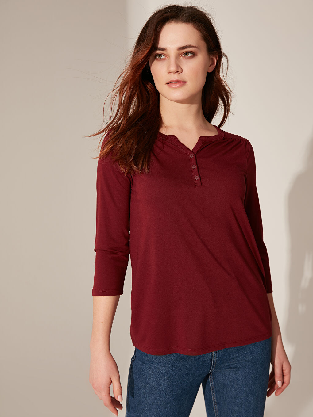 Loose Collar Plain Long Sleeve Women's T-Shirt-2