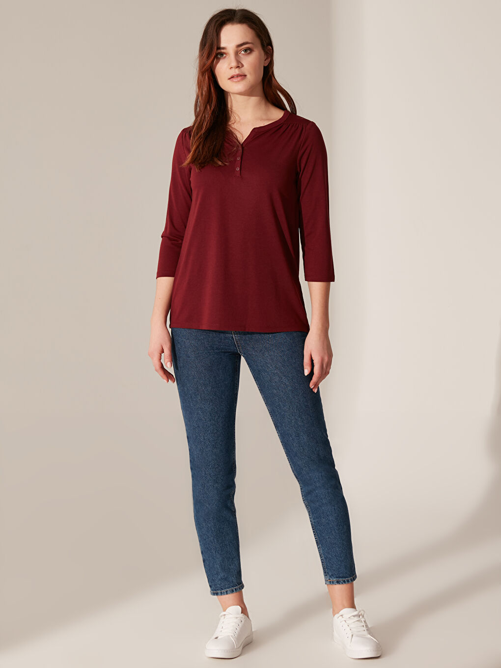 Loose Collar Plain Long Sleeve Women's T-Shirt-3