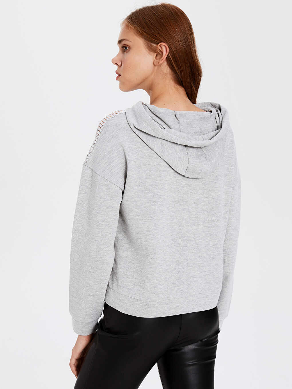 Gri Düz Uzun Kollu Kadın Hoodie-2