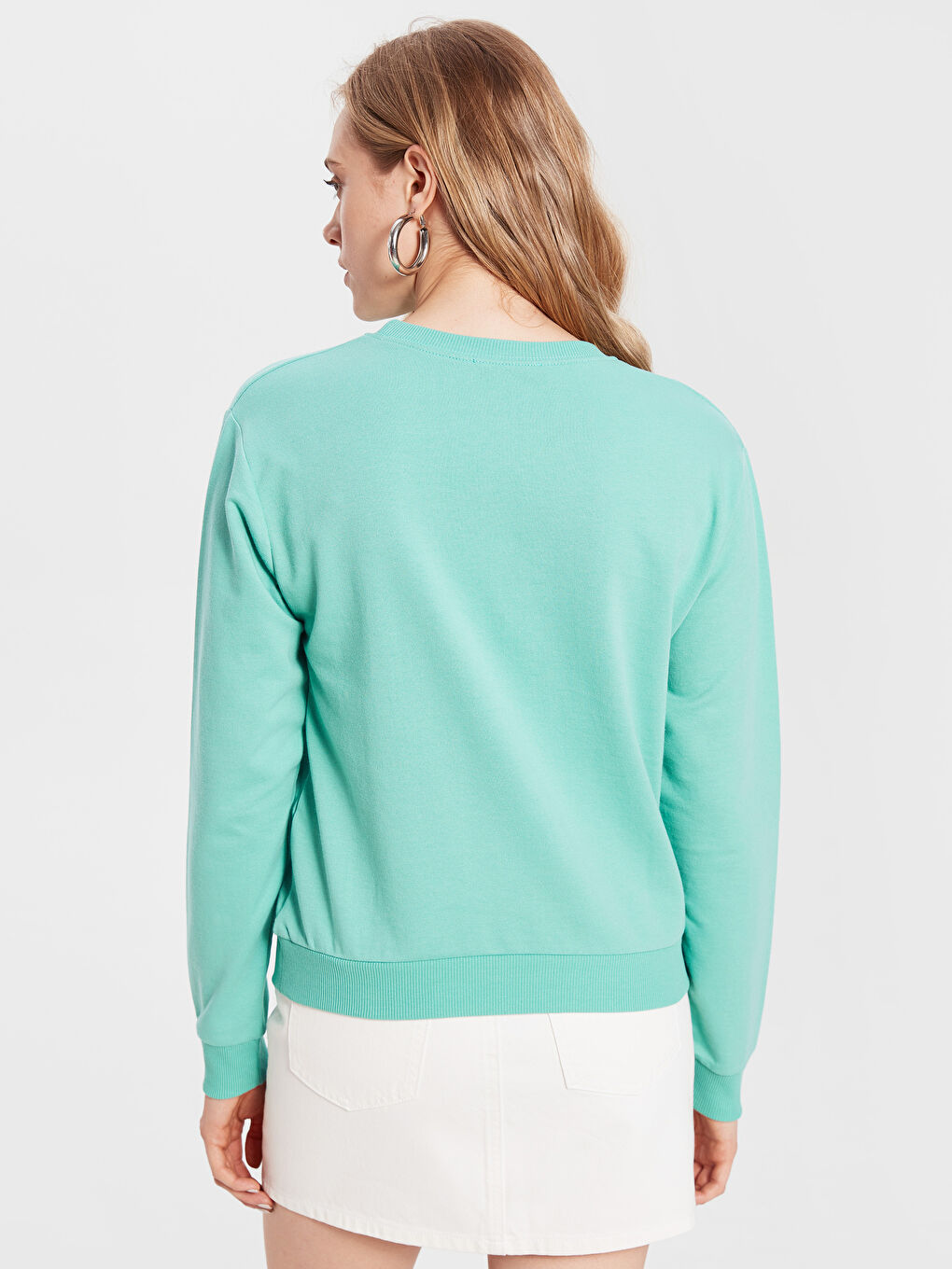 Yeşil Bisiklet Yaka Uzun Kollu Kadın Sweatshirt-2