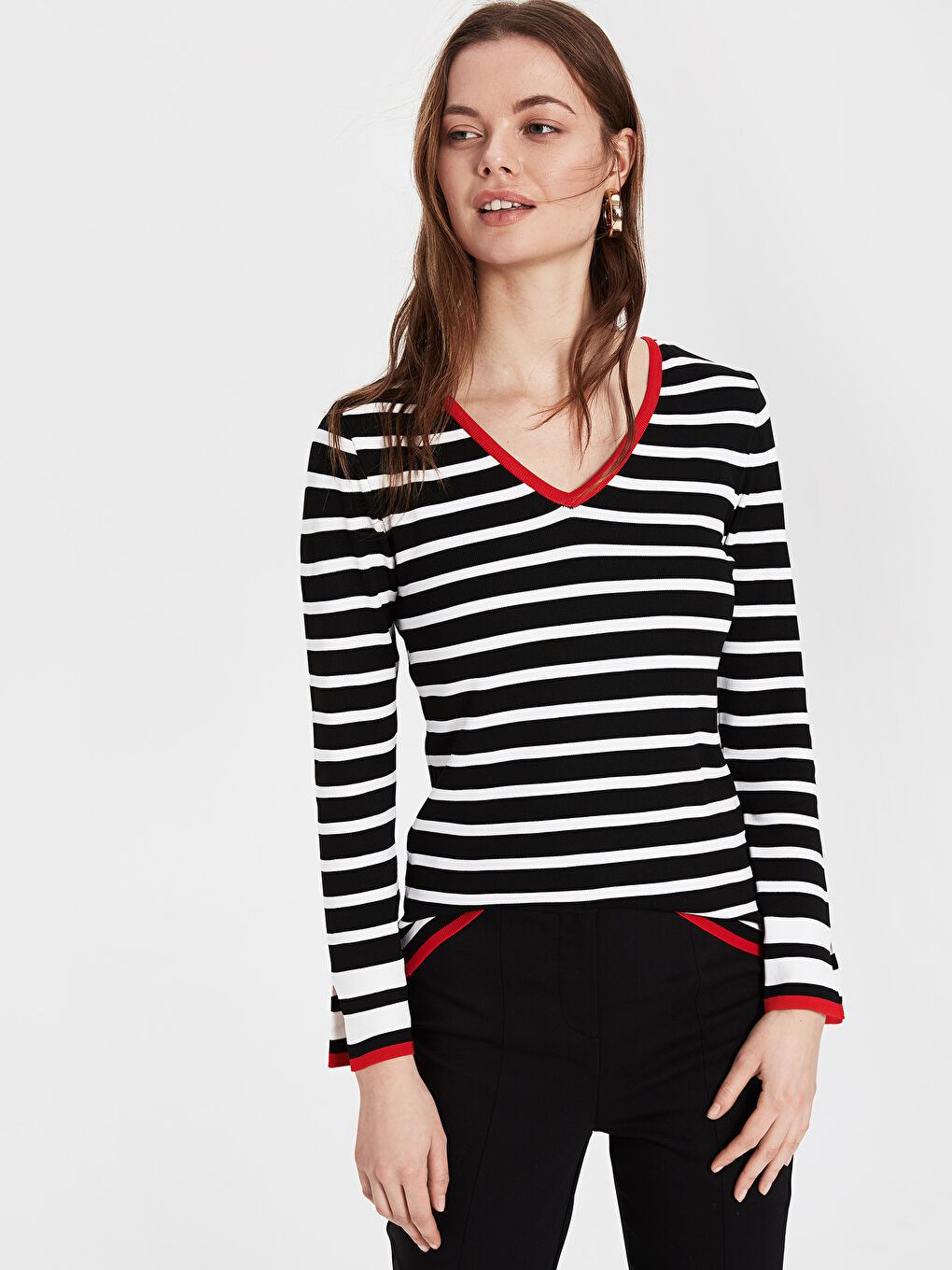 LCW Vision Striped Sweater Women's Long Sleeve V-Neck Sweater -0S8911Z8-LEG
