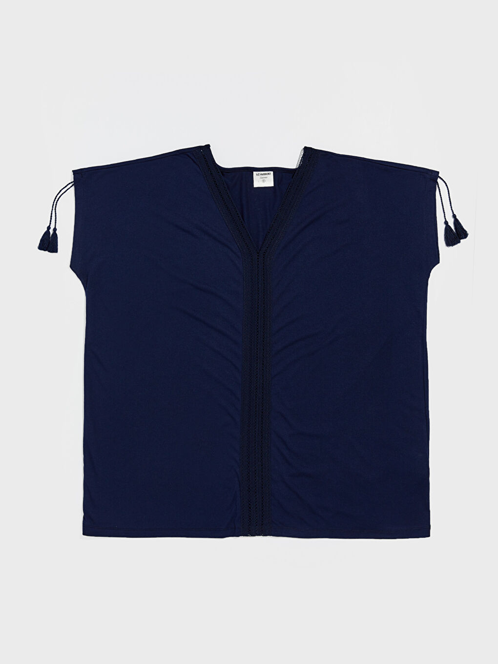 Lacivert Dantel Detaylı Kısa Kollu Kadın Kadın Plaj Elbisesi-7