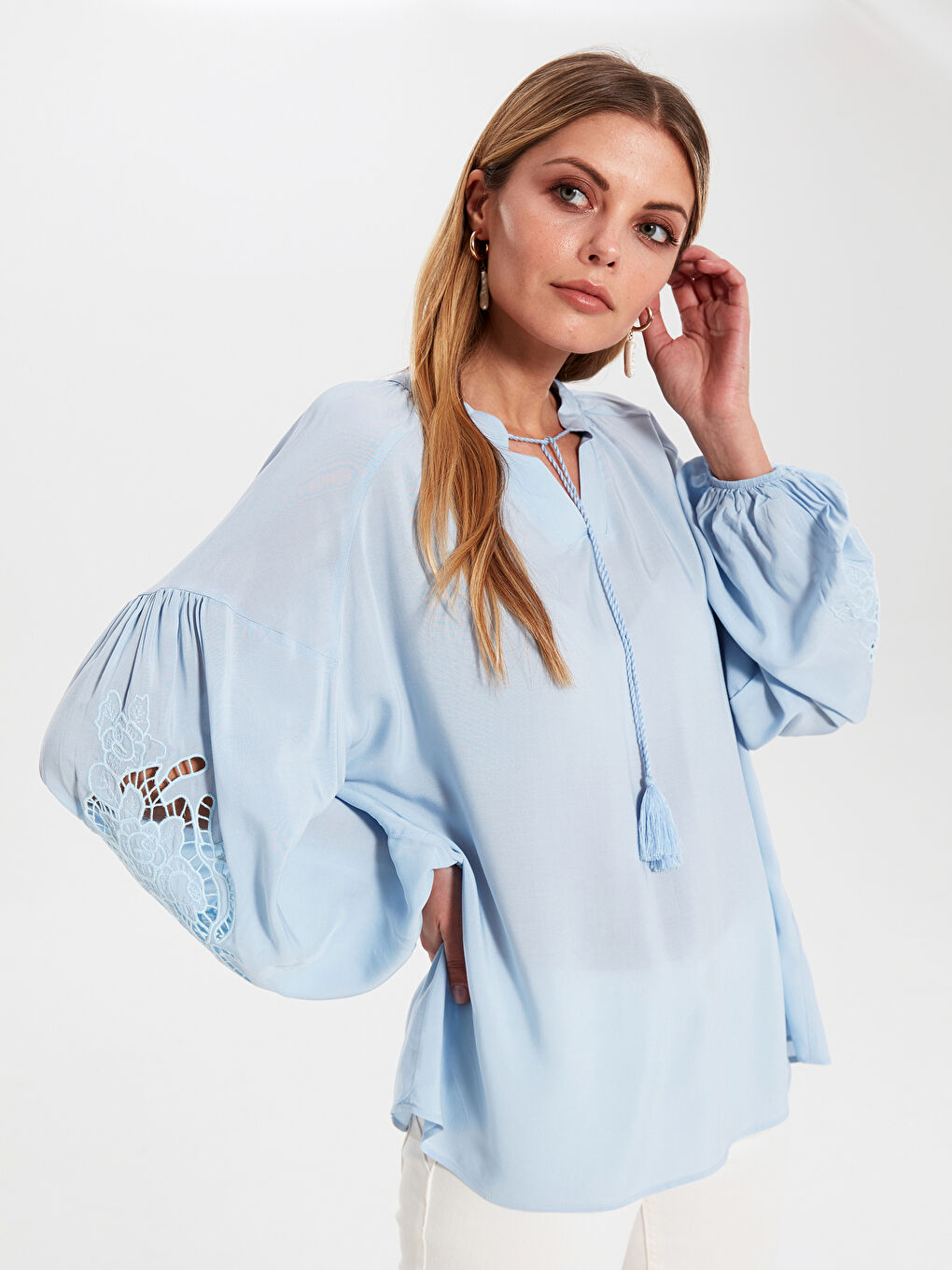 Tied Neck Embroidery Detailed Balloon Sleeve Viscose Women's Blouse