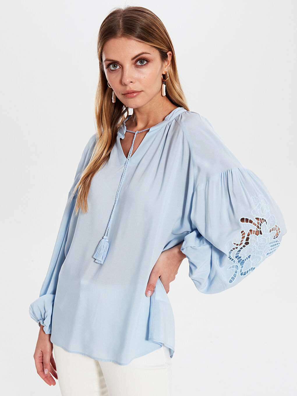 Tied Neck Embroidery Detailed Balloon Sleeve Viscose Women's Blouse-2