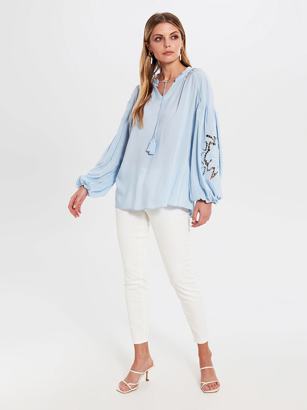 Tied Neck Embroidery Detailed Balloon Sleeve Viscose Women's Blouse-3