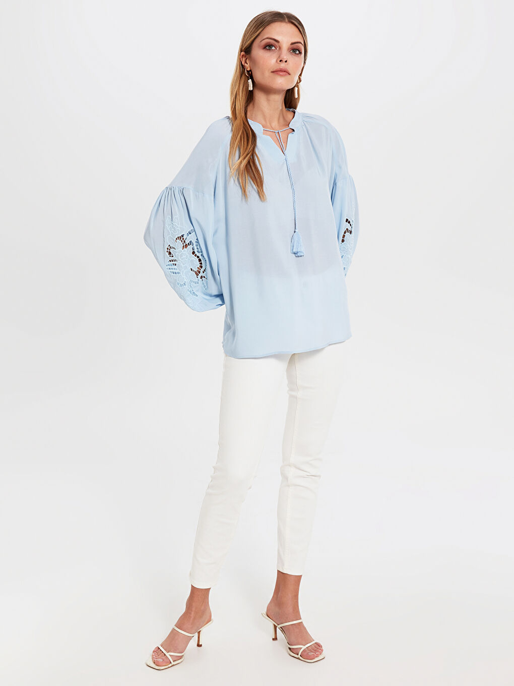 Tied Neck Embroidery Detailed Balloon Sleeve Viscose Women's Blouse-4
