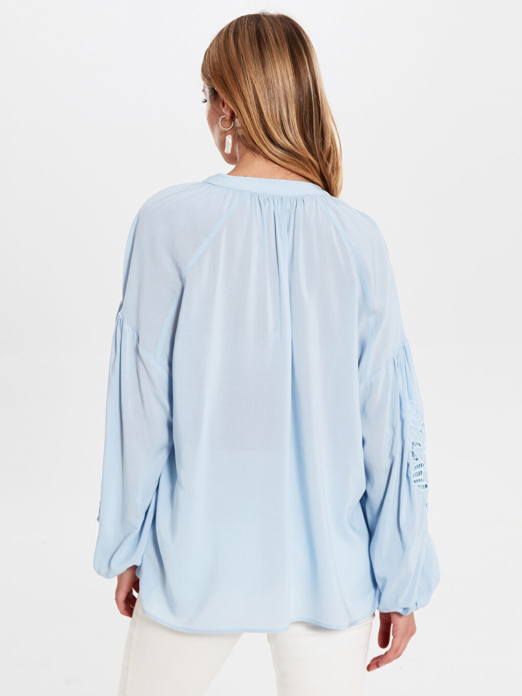 Tied Neck Embroidery Detailed Balloon Sleeve Viscose Women's Blouse-5