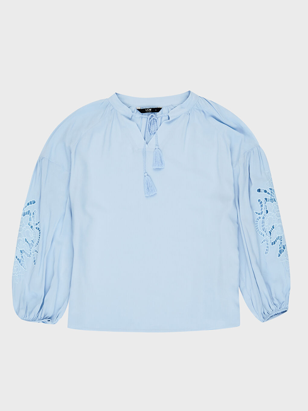 Tied Neck Embroidery Detailed Balloon Sleeve Viscose Women's Blouse-1