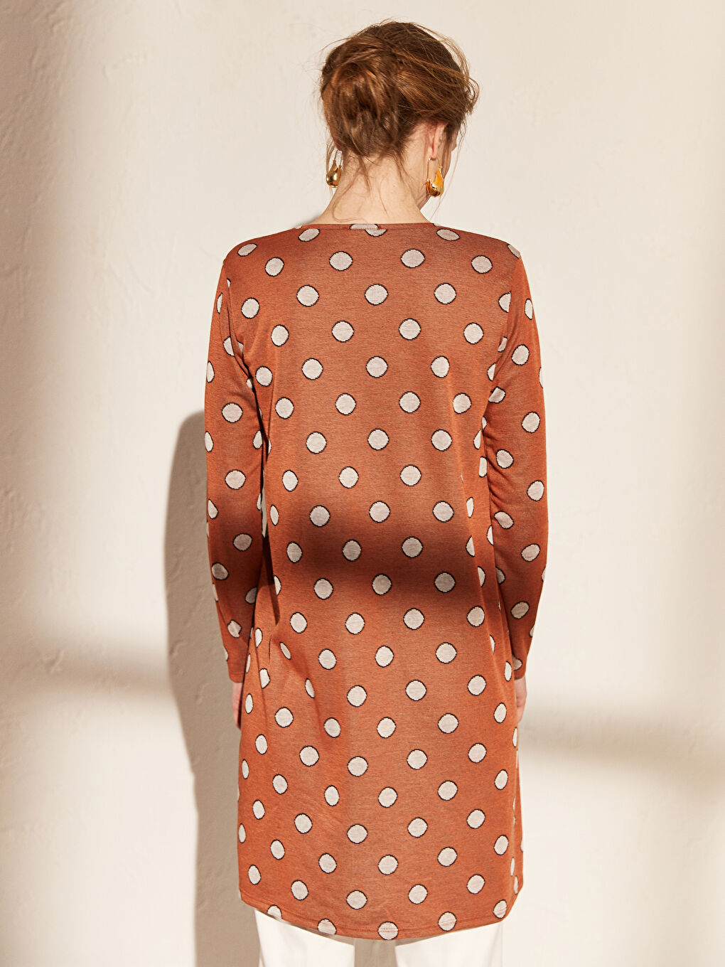 Kahverengi Puantiyeli Salaş Uzun Kollu Kadın Tunik-4