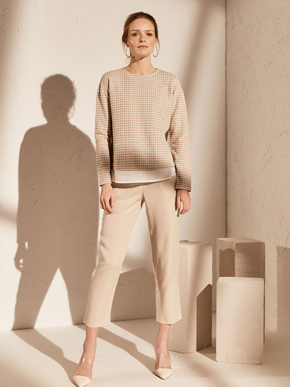 Ekru Bisiklet Yaka Uzun Kollu Kadın Tişört-2