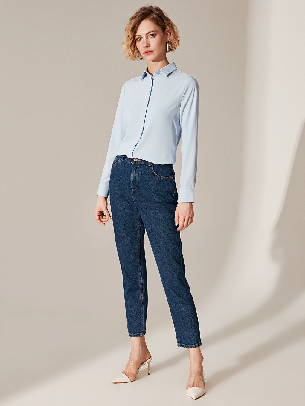 Mavi Düz Standart Fit Uzun Kollu Kadın Gömlek-3