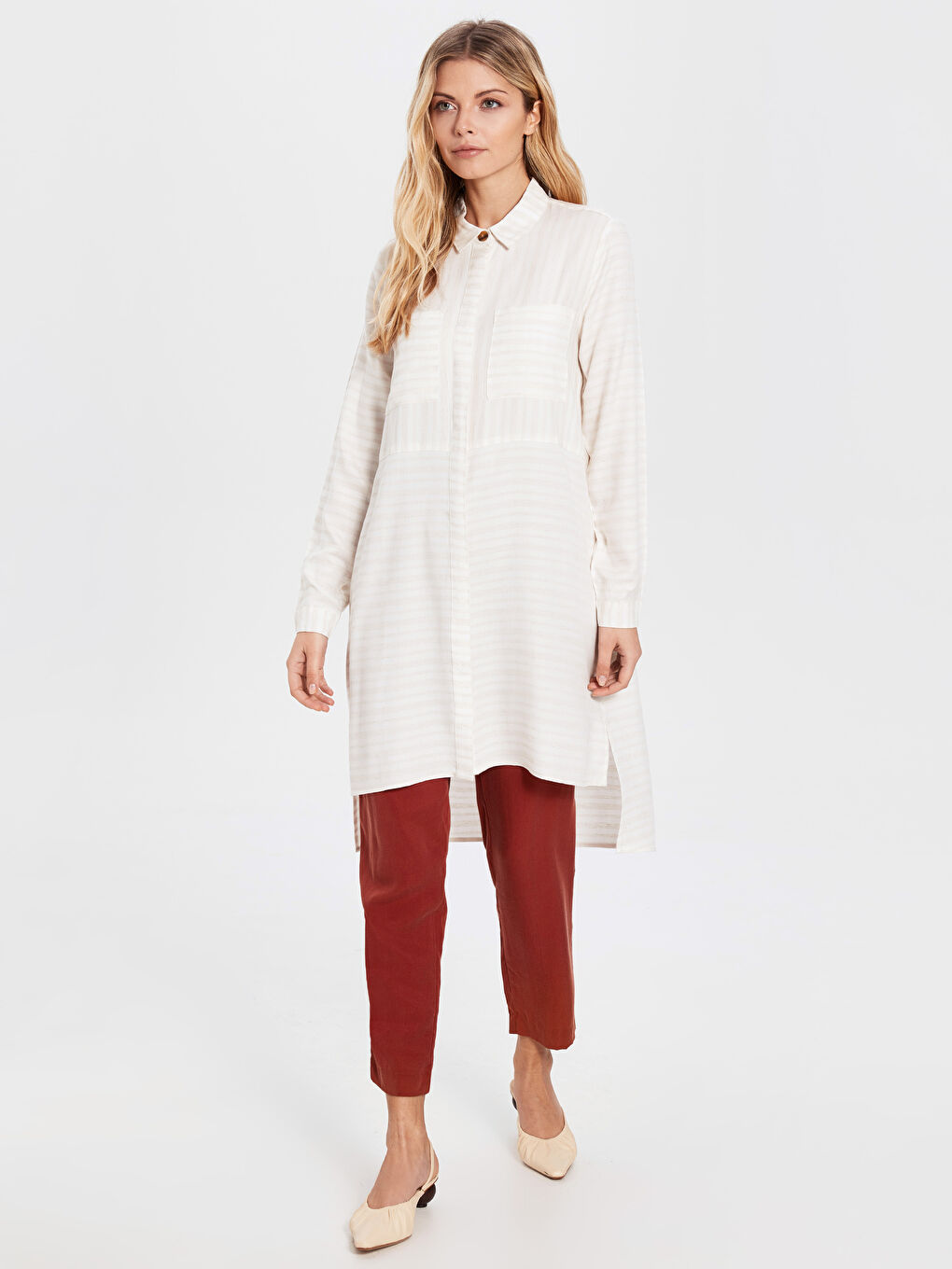 Standard Fit Long Sleeve Gabardine Women's Striped Viscose Tunic-8
