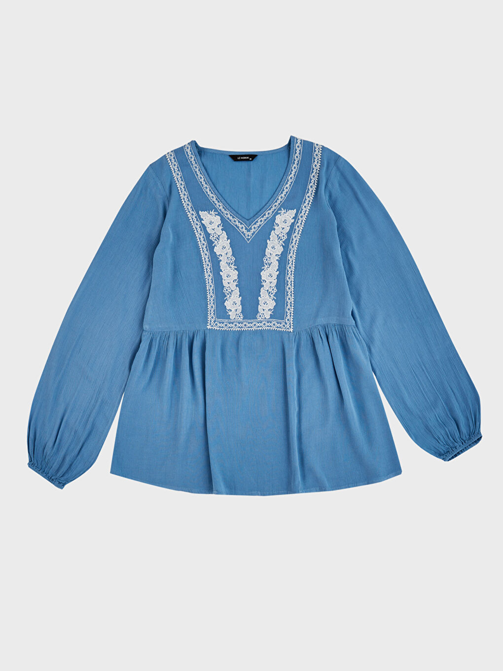 Mavi İşlemeli Viskon Uzun Kollu Kadın Bluz-1