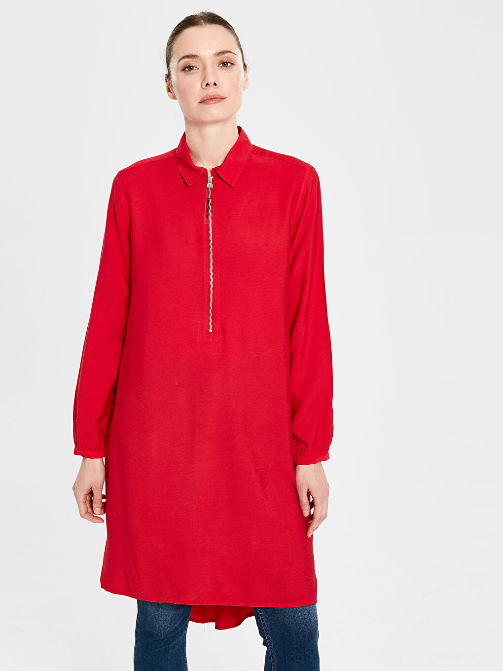 Kırmızı Gömlek Yaka Uzun Kollu Viskon Kadın Tunik-1
