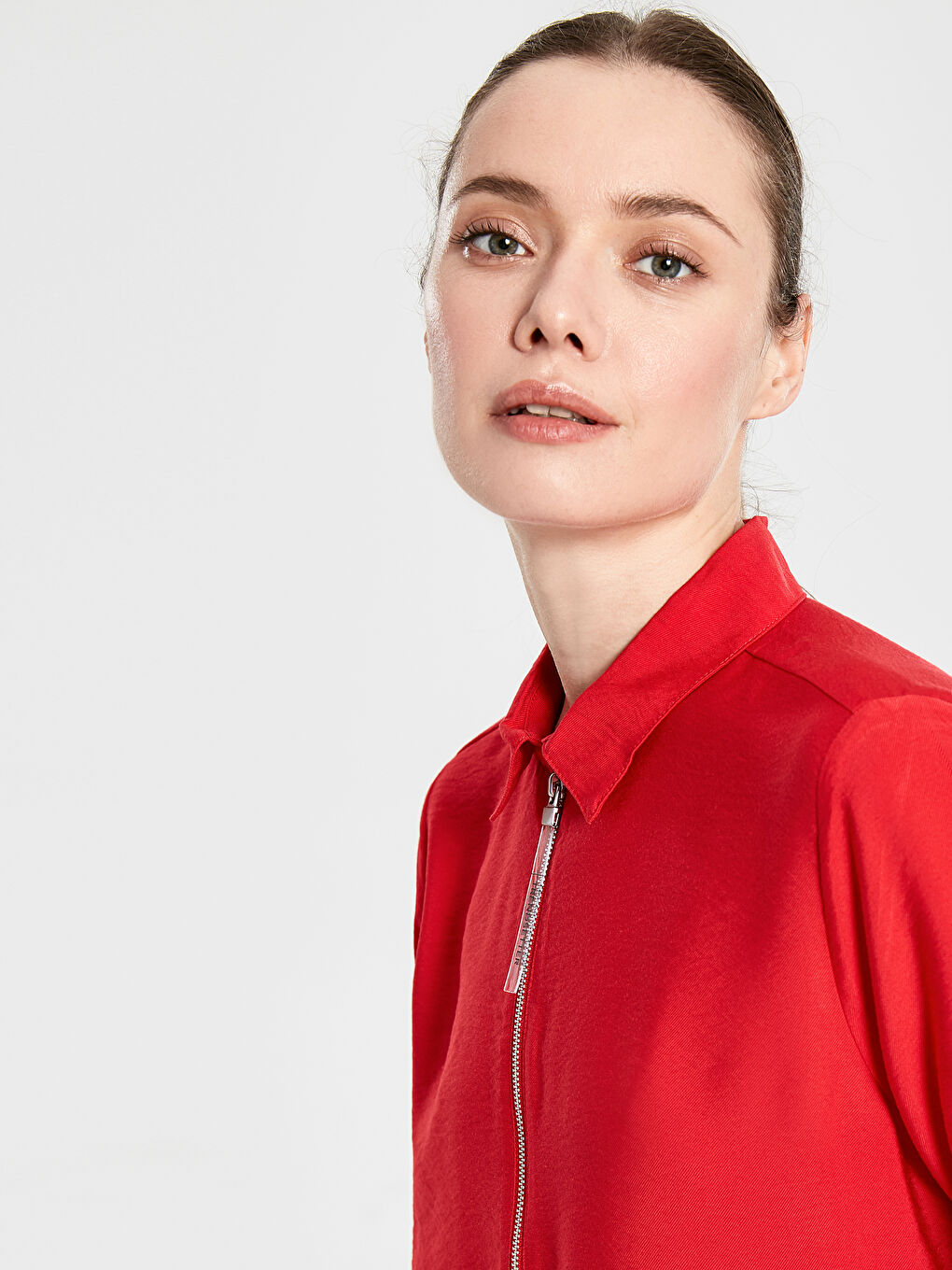 Kırmızı Gömlek Yaka Uzun Kollu Viskon Kadın Tunik-2