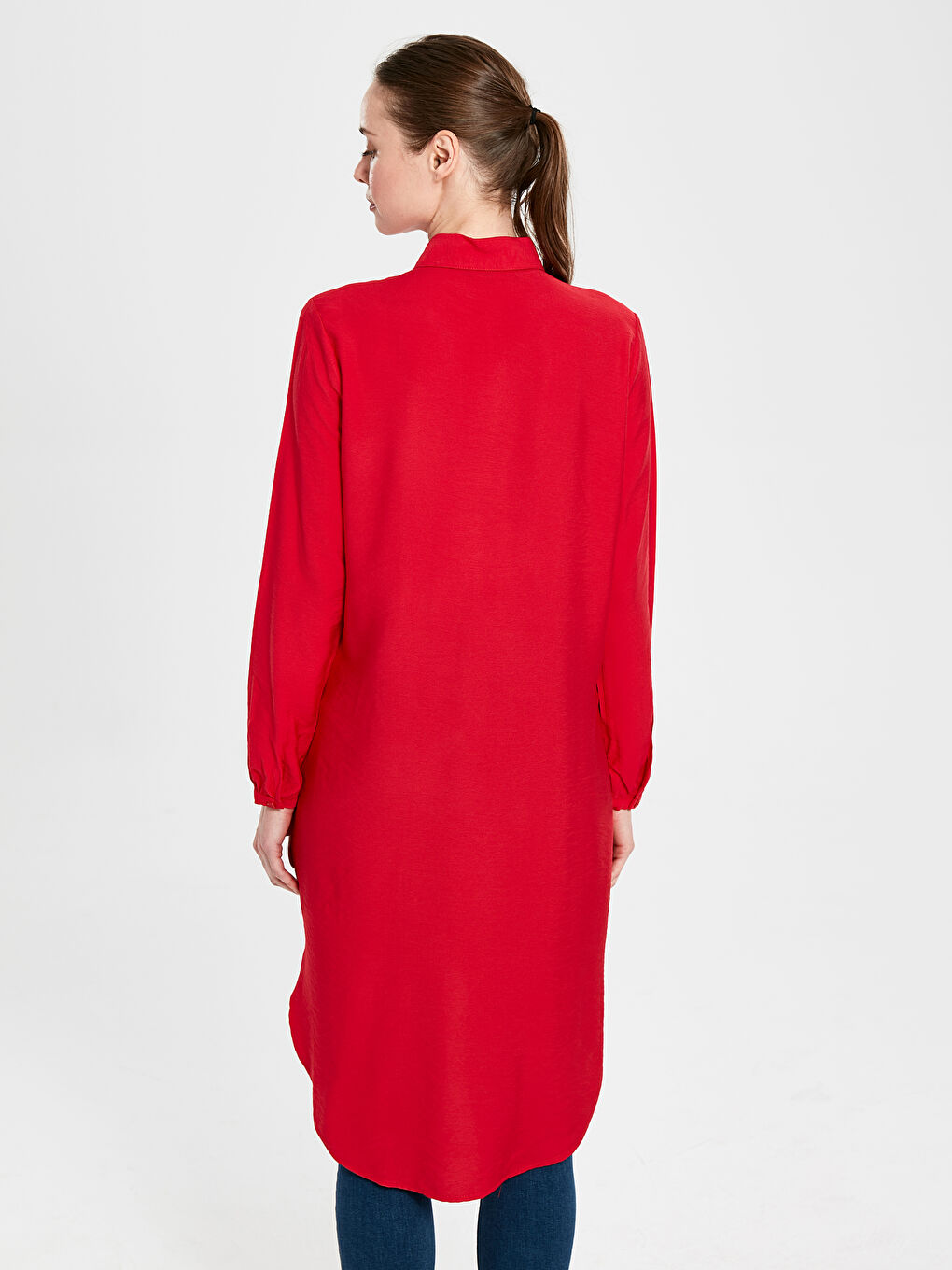 Kırmızı Gömlek Yaka Uzun Kollu Viskon Kadın Tunik-3