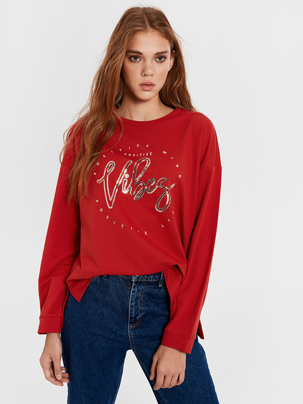 Kırmızı Bisiklet Yaka Baskılı Uzun Kollu Kadın Sweatshirt