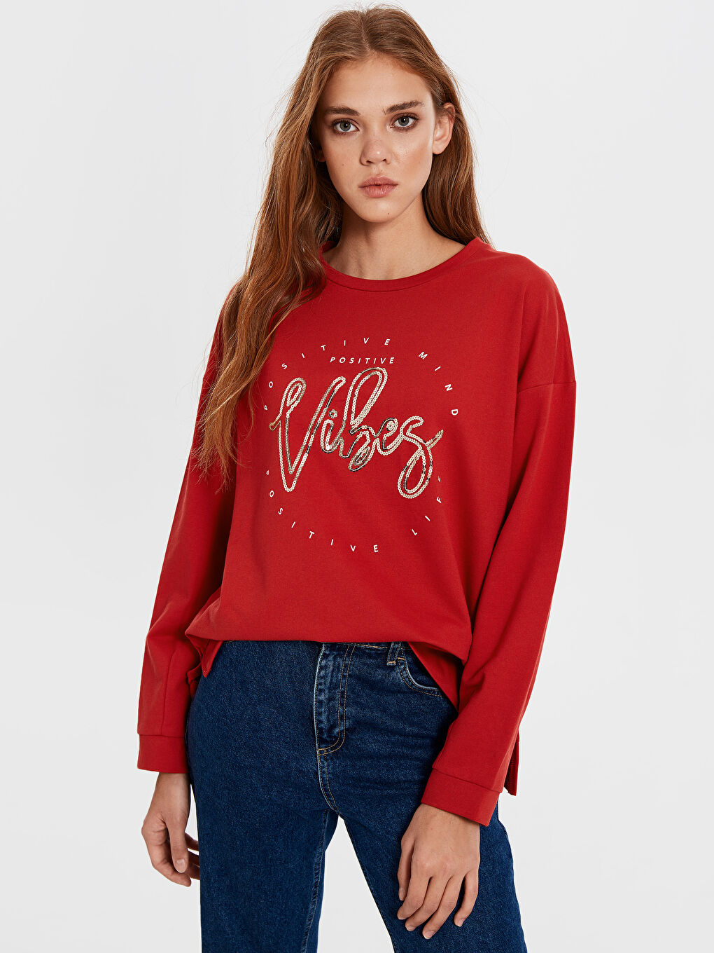 Kırmızı Bisiklet Yaka Baskılı Uzun Kollu Kadın Sweatshirt-1