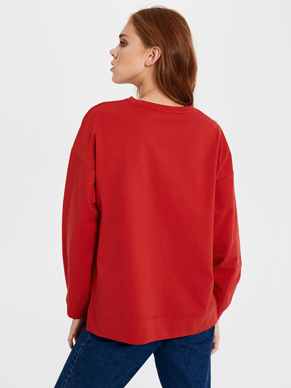 Kırmızı Bisiklet Yaka Baskılı Uzun Kollu Kadın Sweatshirt-3