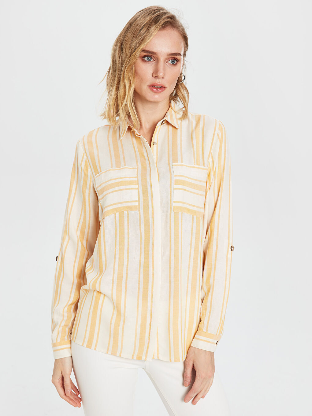Turuncu Cep Detaylı Çizgi Desenli Uzun Kollu Kadın Gömlek