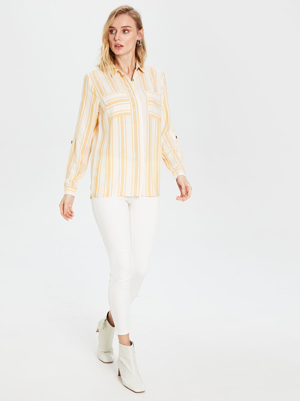 Turuncu Cep Detaylı Çizgi Desenli Uzun Kollu Kadın Gömlek-2