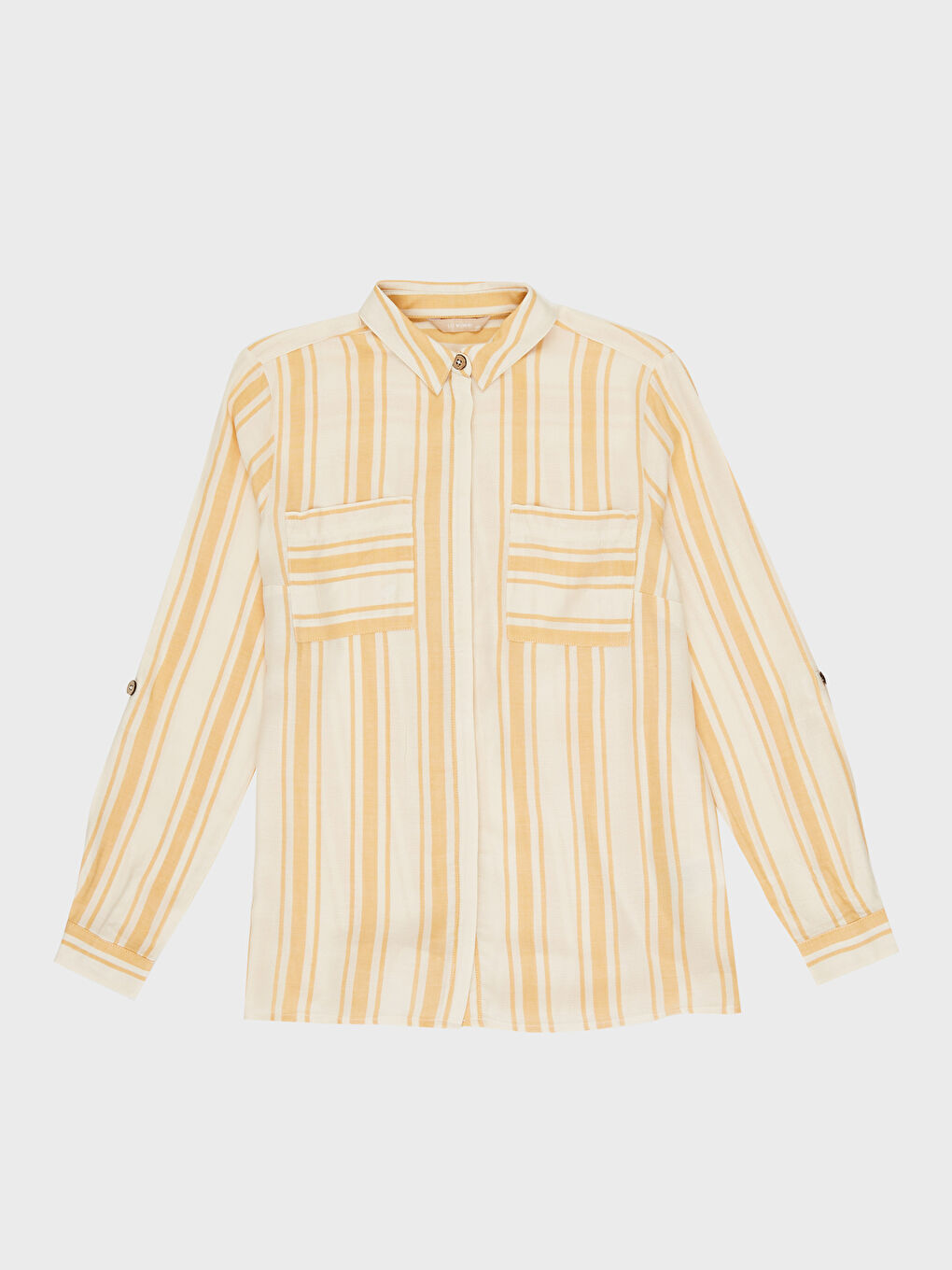 Turuncu Cep Detaylı Çizgi Desenli Uzun Kollu Kadın Gömlek-1