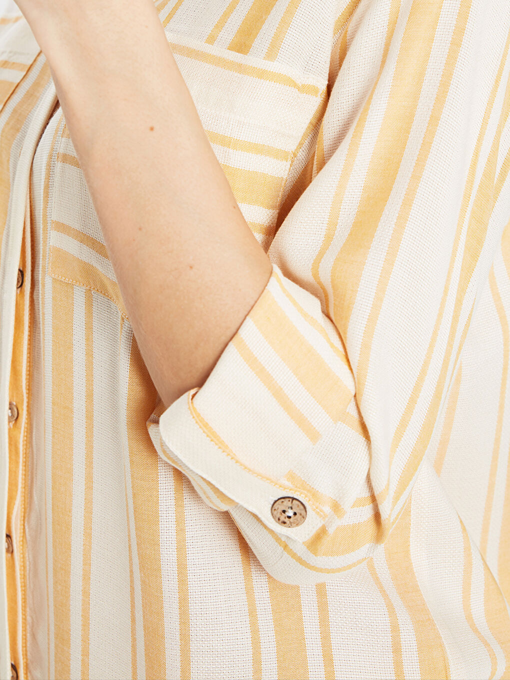 Turuncu Cep Detaylı Çizgi Desenli Uzun Kollu Kadın Gömlek-4