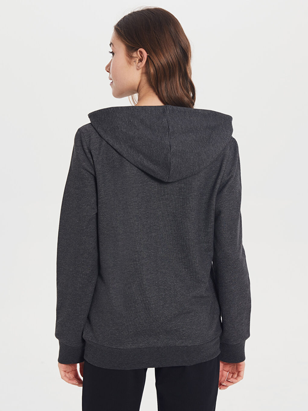 Gri Kapüşonlu Uzun Kollu Sweatshirt Kumaşı Kadın Spor Hırka-3