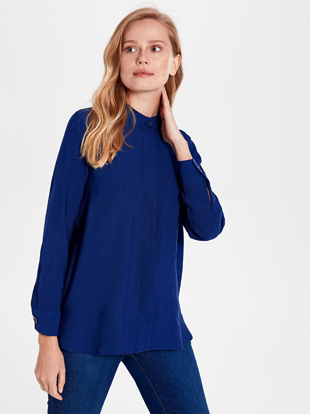 قميص نسائي مستقيم بأزرار وياقة الجد كم طويل من الفيسكوز-1