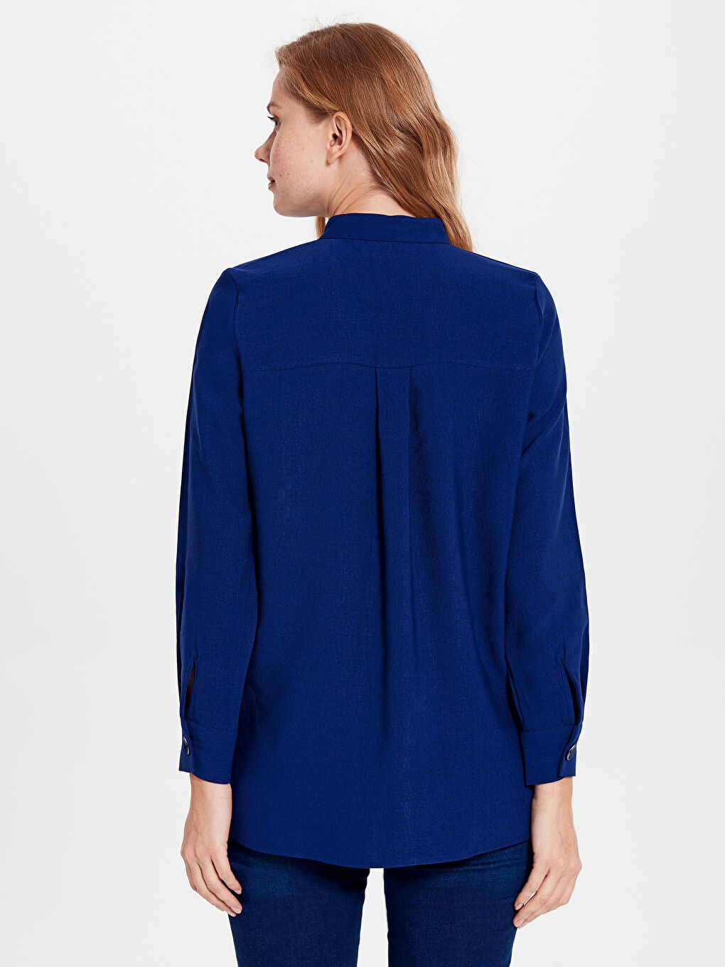 قميص نسائي مستقيم بأزرار وياقة الجد كم طويل من الفيسكوز-3