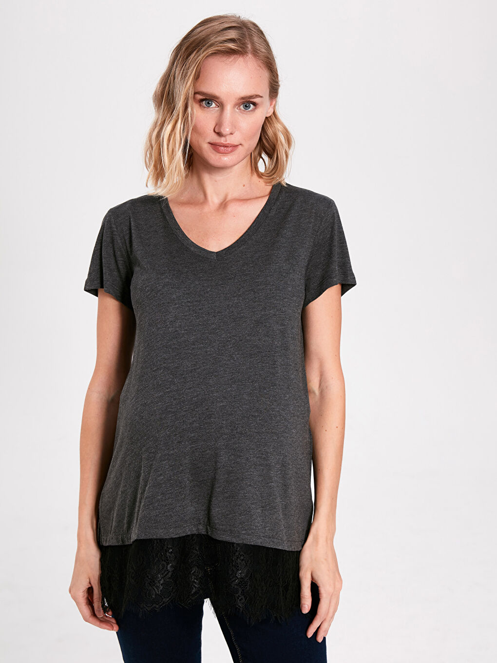 Antrasit Dantel Detaylı Hamile Tunik