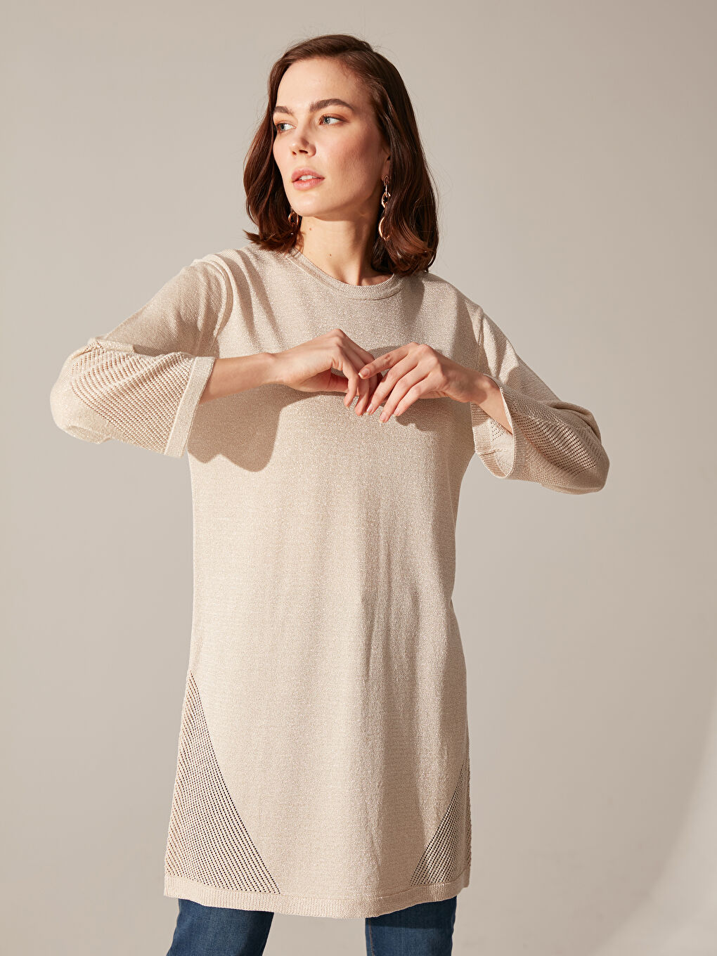 Bej Bisiklet Yaka Desenli Uzun Kollu Kadın Tunik-1