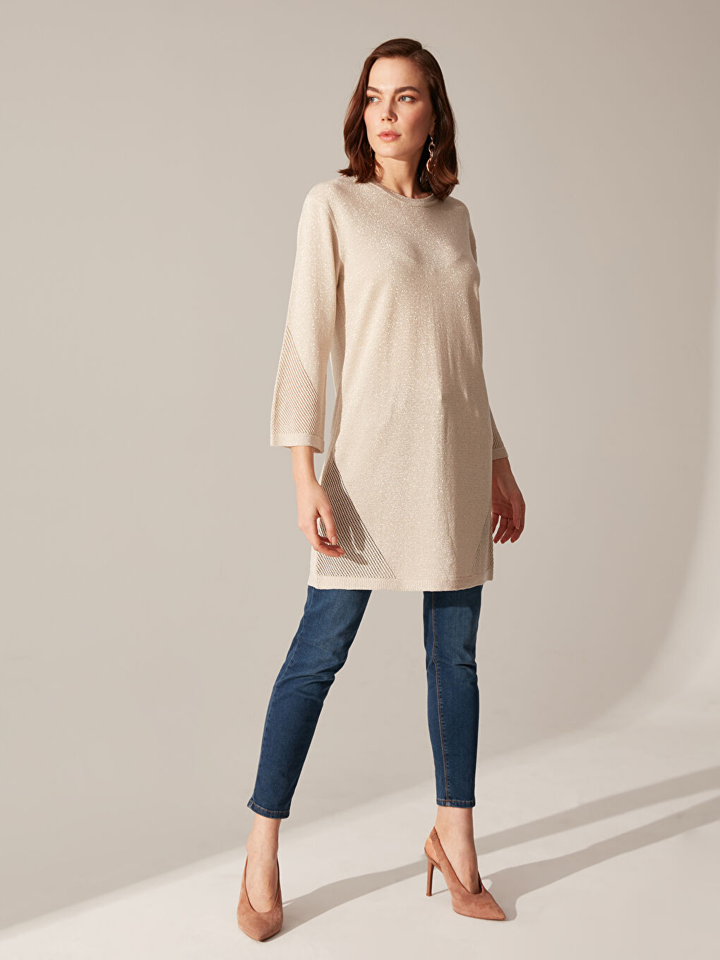 Bej Bisiklet Yaka Desenli Uzun Kollu Kadın Tunik-2