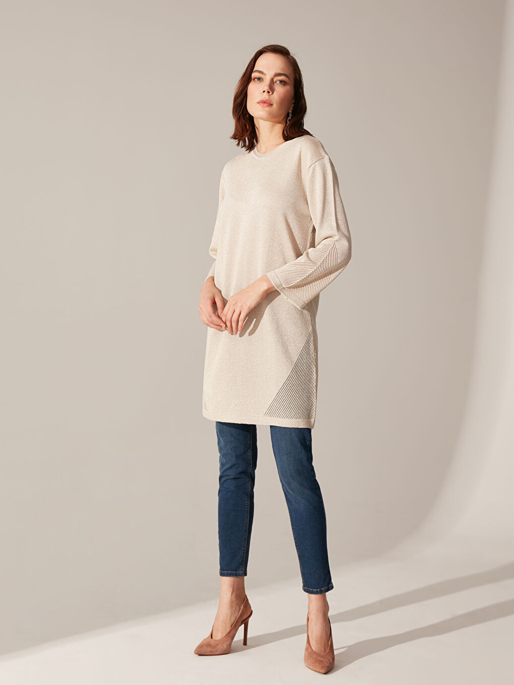 Bej Bisiklet Yaka Desenli Uzun Kollu Kadın Tunik-3