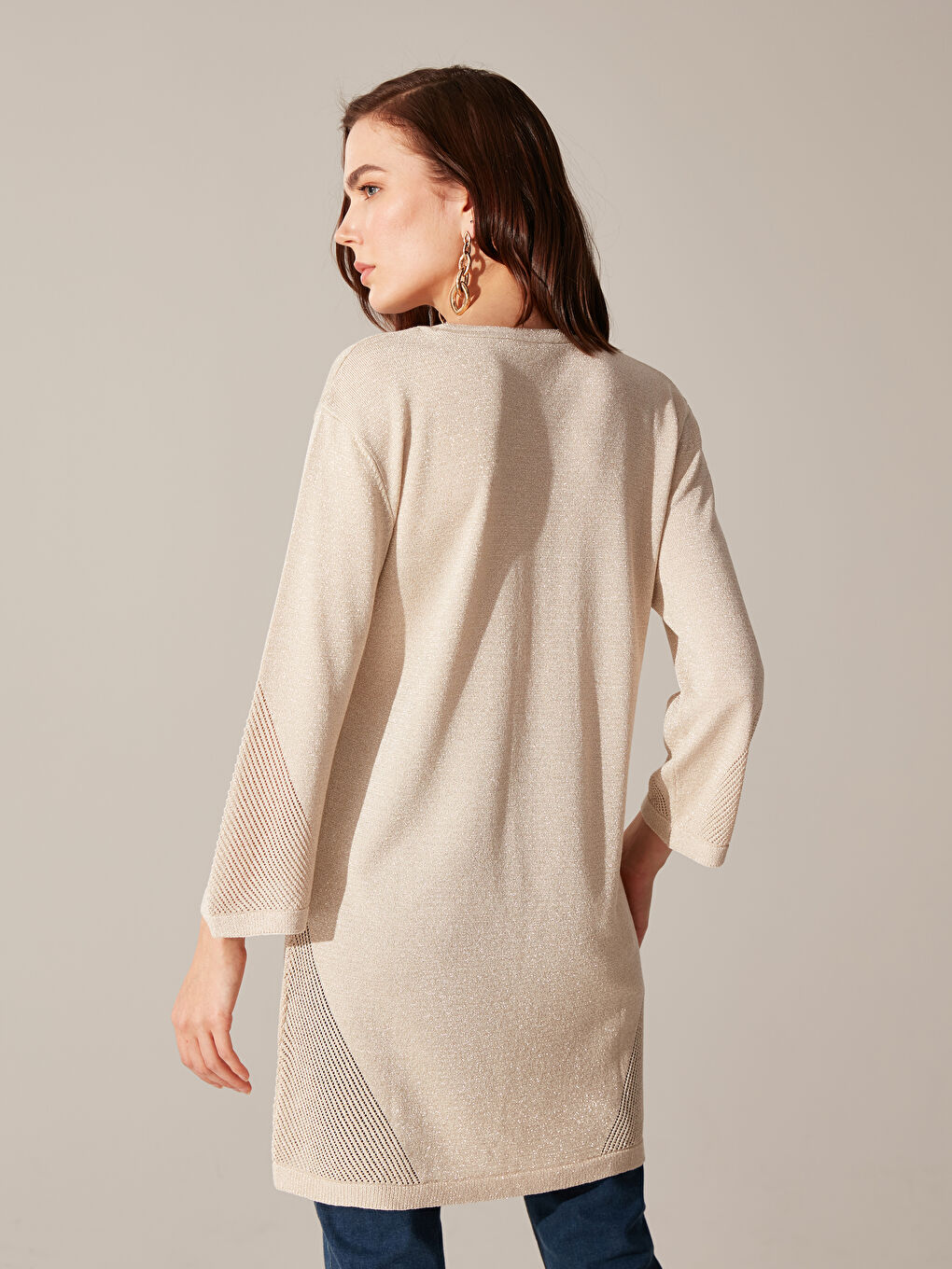 Bej Bisiklet Yaka Desenli Uzun Kollu Kadın Tunik-4