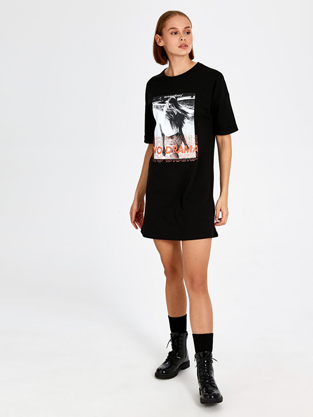 Siyah Standart Fit Kısa Kollu Penye Kadın Elbise-1