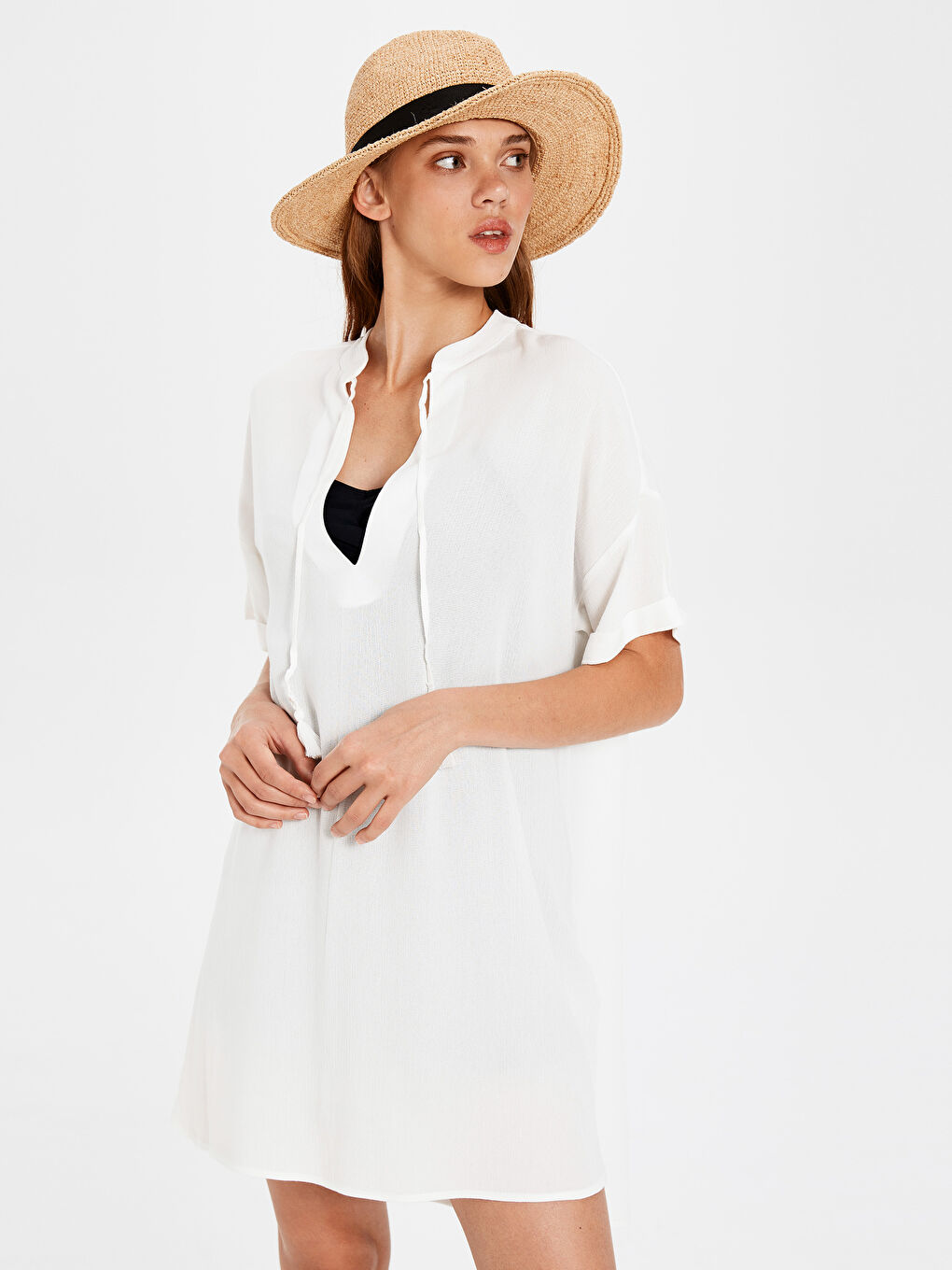 Ekru Standart Fit Kısa Kollu Poplin Kadın Elbise-1