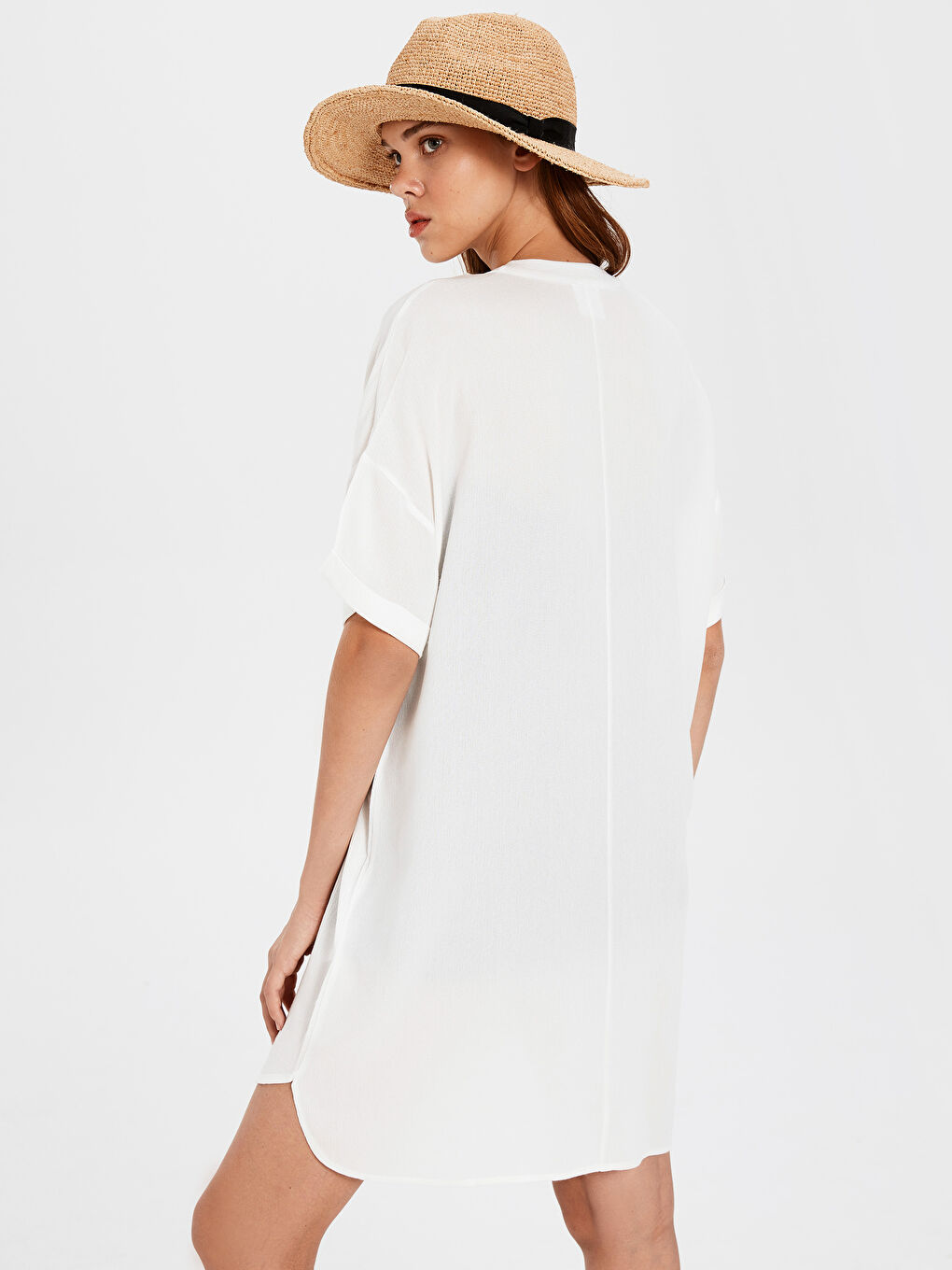 Ekru Standart Fit Kısa Kollu Poplin Kadın Elbise-2