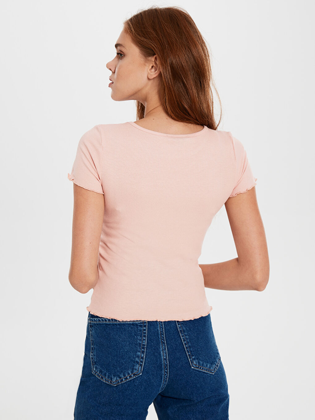 Pembe Bisiklet Yaka Kısa Kollu Kadın Tişört-3