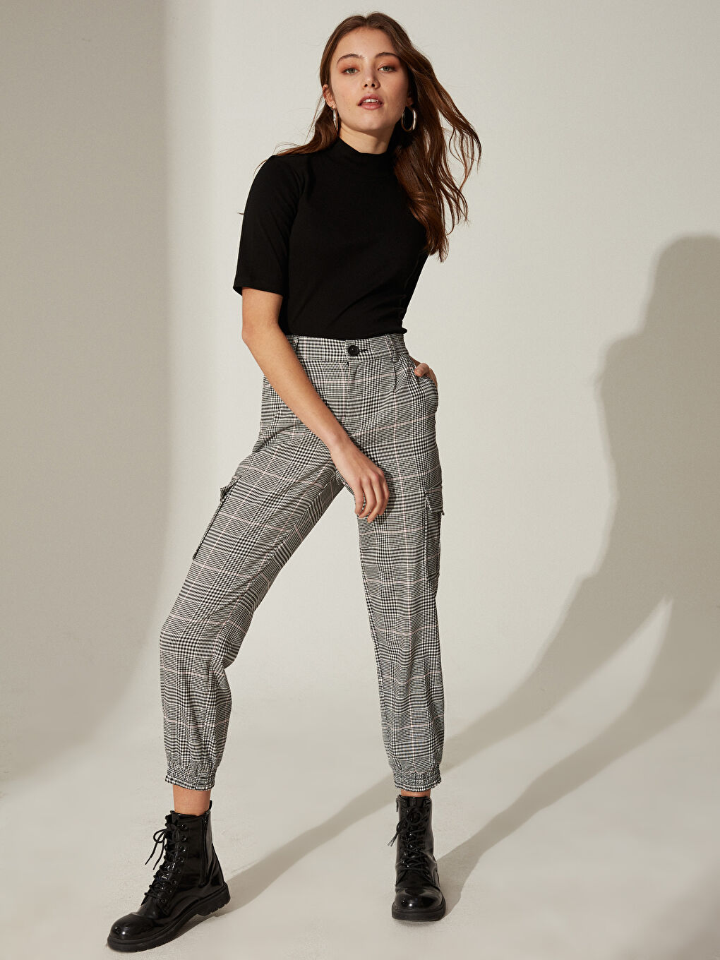 Pembe Ekose Kadın Pantolon-2