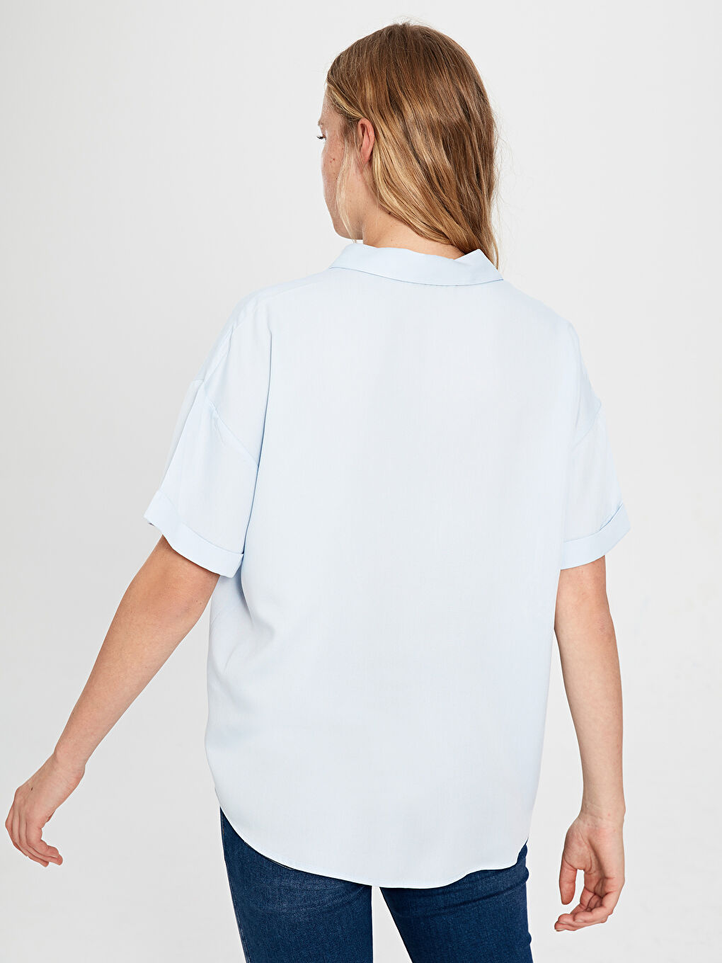 Mavi Rahat Kalıp Kısa Kollu Kadın Bluz-2