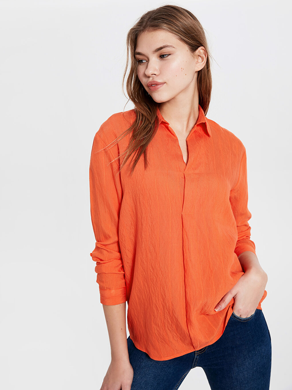 Turuncu Standart Fit Uzun Kollu Kadın Bluz-1