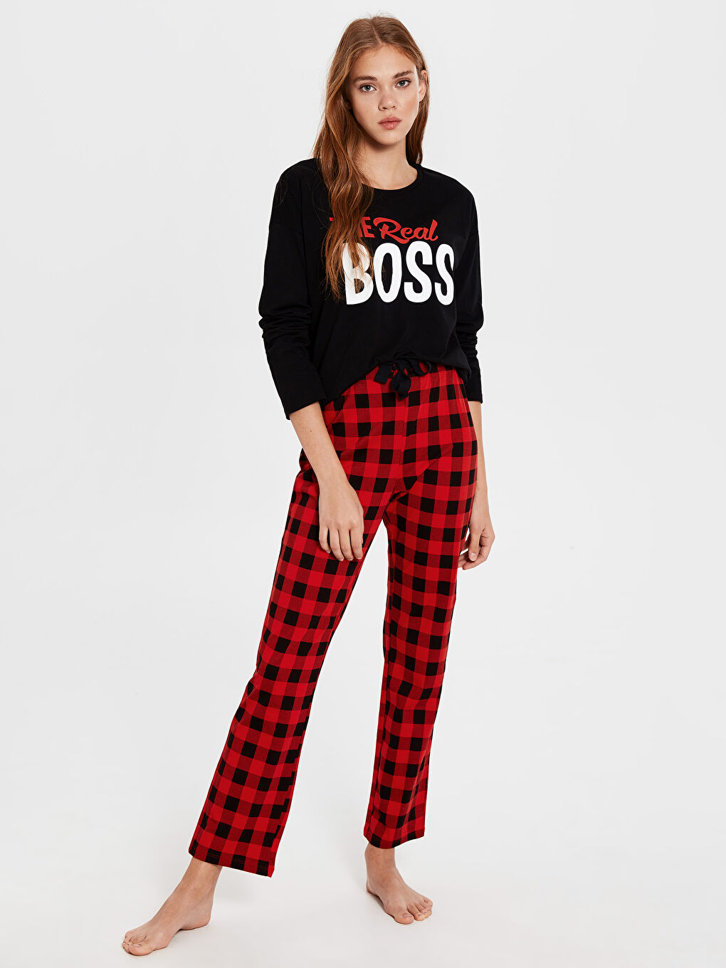 Kırmızı Bisiklet Yaka Uzun Kollu Kadın Pijama Takım-1