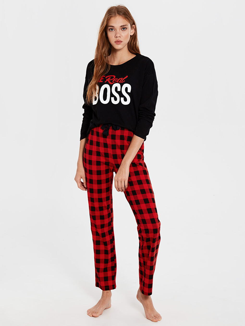 Kırmızı Bisiklet Yaka Uzun Kollu Kadın Pijama Takım-2